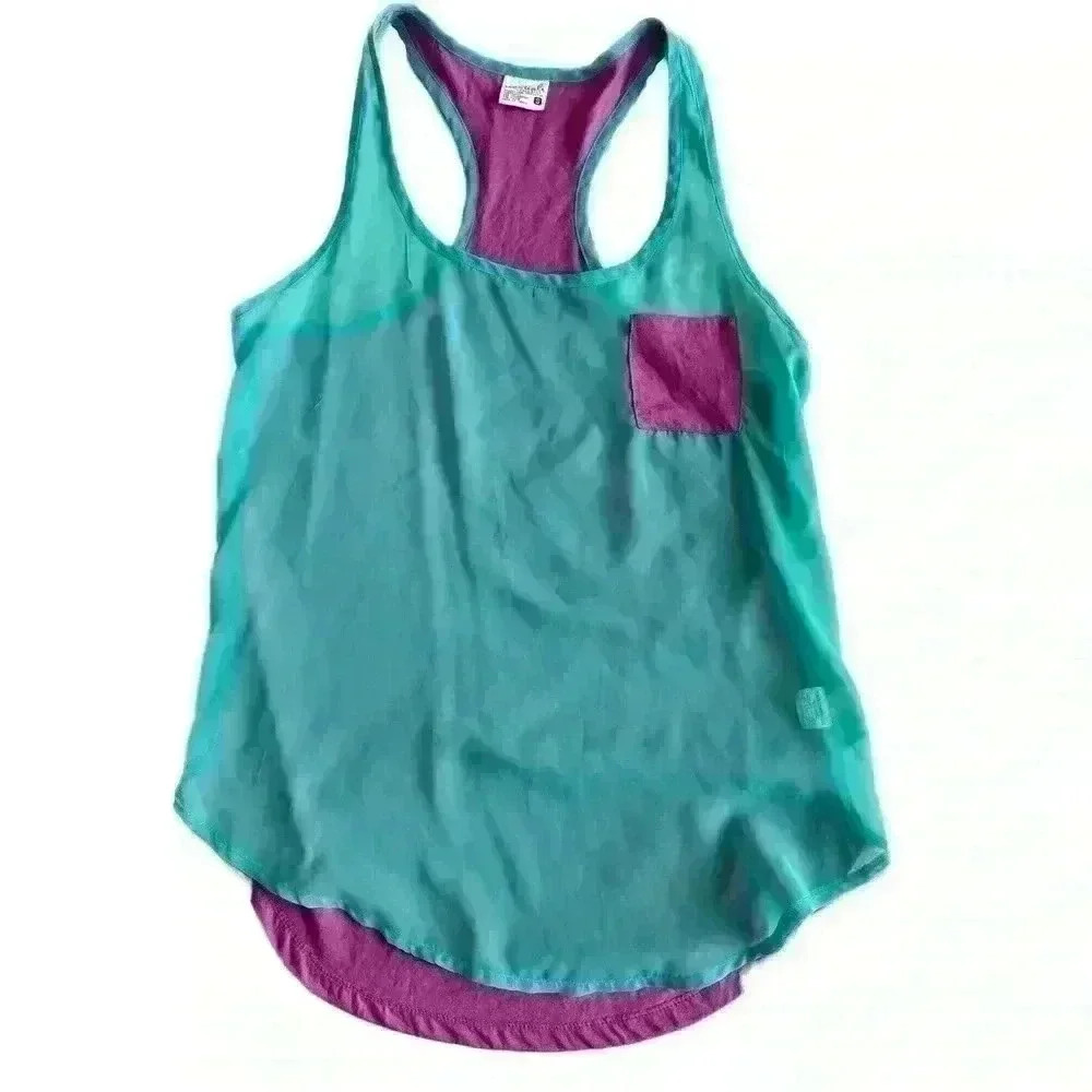 Essentials by Full Tilt Teal Purple Sheer Tank top, boob pocket, size S, 244
